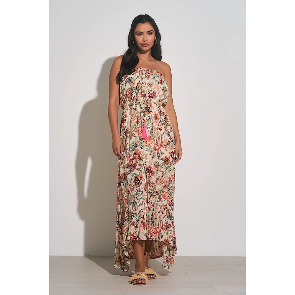 ELAN Floral Print Strapless Maxi Front Slit Dress MEDIUM